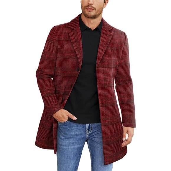 Mens Wool Blend Coat Winter Trench Coats plaid Red - Picture 1 of 5